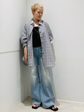 「SENSE OF PLACE by URBAN RESEARCH(センスオブプレイスバイアーバンリサーチ)の『接触冷感』UVケアチェックルーズシャツ(シャツ/ブラウス、ブルー系)」を使った、piさん(レディース・148cm)の夏コーディネート
