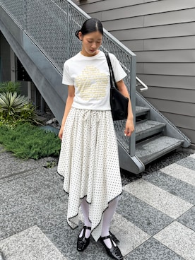 「POPPYのアイテム（Tシャツ/カットソー、イエロー系）」を使った、Hinariさん（レディース・161cm）の夏コーディネート