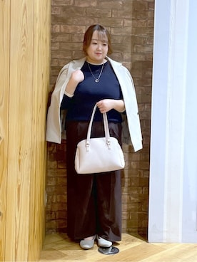 「SHOO・LA・RUE（シューラルー）の【着丈選べる/S-LL】センタープレスできちんと見え イージーワイドパンツ（その他パンツ、ブラウン系）」を使った、Risaさん（レディース・155cm）の春コーディネート