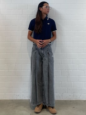 「adidas（アディダス）のデニム プリーツ ワイドレッグ パンツ / アディダスオリジナルス adidas Originals（その他パンツ、グレー系）」を使った、KOさん（メンズ・174cm）の夏コーディネート