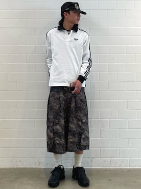 「adidas（アディダス）のスリーストライプス ラグビー 長袖ポロ / アディダスオリジナルス adidas Originals（ポロシャツ、ホワイト系）」を使った、KOさん（メンズ・174cm）の春コーディネート