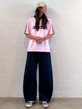 「adidas（アディダス）のCOLLARED GOALIE / アディダスオリジナルス adidas Originals（Tシャツ/カットソー、ピンク系）」を使った、KOさん（メンズ・174cm）の夏コーディネート