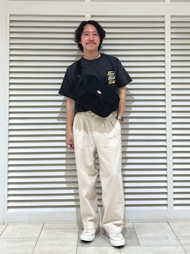 「アイテム（パンツ、ホワイト系）」を使った、nishiokaさん（メンズ・169cm）の春コーディネート