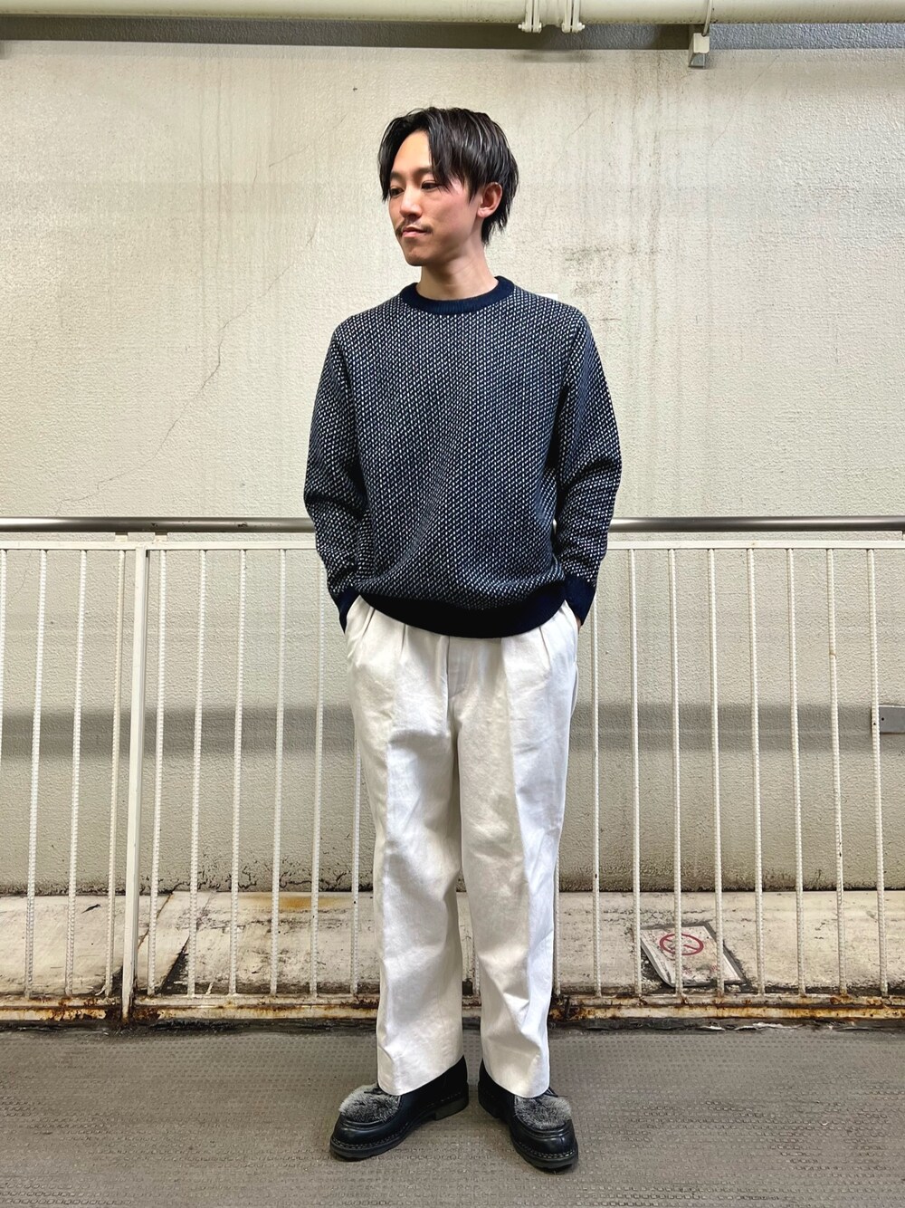 「古着MIX、休日スタイル、ニット、秋冬コーデ、シンプルスタイル、冬コーデ、vintage、カジュアルコーデ、冬ファッション、ニットコーデ」｜「NOLLEY'S goodmanの【WORK ABOUT/ワークアバウト】ジャカード プルオーバーニット（ニット/セーター、ブルー系）」を使った、nishiokaさん（メンズ・169cm）の冬コーディネートの1枚目の写真
