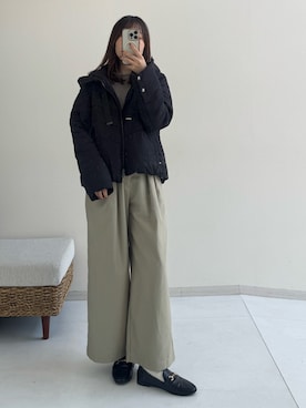 「nissen（ニッセン）の小さいサイズ　矢羽袖ショートファイバーダウンジャケット　低身長さん・小柄女性（ジャケット/アウター、ブラック系）」を使った、ナノカさん（レディース・154cm）の秋コーディネート