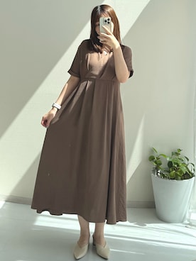 「nissen（ニッセン）の小さいサイズ　カシュクールワンピース　低身長さん・小柄女性（ワンピース、ブラウン系）」を使った、ナノカさん（レディース・154cm）の夏コーディネート