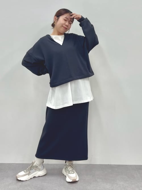 Tシャツ カットソー レディース 裏シャギー上下 セットアップ キーネック プルオーバー ＋Iライン スカート S/M ニッセン nissen セール】裏シャギー上下セットアップ（キーネックプルオーバー