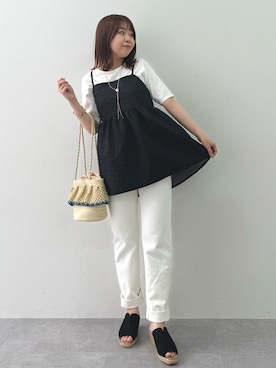 「nissen（ニッセン）のハイウエストストレートデニムパンツ　ノンストレッチジーンズ（デニムパンツ）」を使った、ナノカさん（レディース・154cm）の春コーディネート