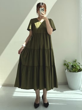 「Petitjo（プッチージョ）の小さいサイズ　ティアードワンピース　低身長さん・小柄女性（ワンピース、グリーン系）」を使った、ナノカさん（レディース・154cm）の夏コーディネート