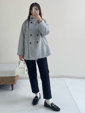 「nissen（ニッセン）の小さいサイズ　スタンドネックテントラインシャギーコート　低身長さん・小柄女性（ジャケット/アウター、グレー系）」を使った、ナノカさん（レディース・154cm）の秋コーディネート