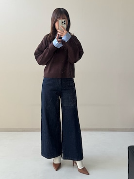 「nissen（ニッセン）の小さいサイズ　シャツドッキング風ニット　低身長さん・小柄女性（ニット/セーター、ブラウン系）」を使った、ナノカさん（レディース・154cm）の秋コーディネート