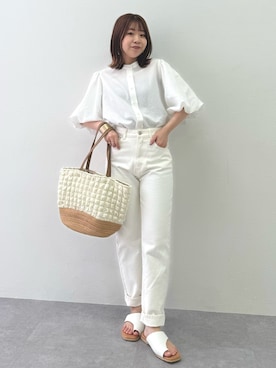 「nissen（ニッセン）のハイウエストストレートデニムパンツ　ノンストレッチジーンズ（デニムパンツ）」を使った、ナノカさん（レディース・154cm）の夏コーディネート