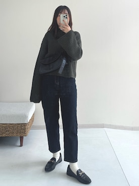 「nissen（ニッセン）の小さいサイズ　ハイネックショート丈ニット　低身長さん・小柄女性（ニット/セーター、グリーン系）」を使った、ナノカさん（レディース・154cm）の秋コーディネート