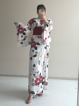 「nissen（ニッセン）の小さいサイズ　花柄綿100％浴衣2点セット　（浴衣＋兵児帯）　低身長さん・小柄女性（浴衣、レッド系）」を使った、ナノカさん（レディース・154cm）の夏コーディネート