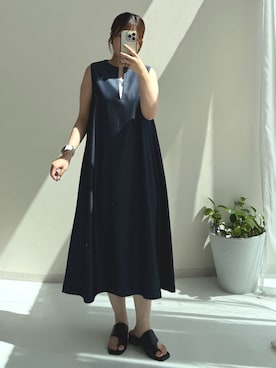 「Petitjo（プッチージョ）の小さいサイズ　麻調シリーズ　VネックノースリーブAラインワンピース　低身長さん・小柄女性（ワンピース、ブルー系）」を使った、ナノカさん（レディース・154cm）の夏コーディネート