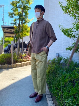 「アースカラー」｜「アイテム（スリッポン）」を使った、nakaryosanさん（メンズ・173cm）の夏コーディネート