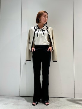 「LOVELESS（ラブレス）のツィードライクニットカーディガン（カーディガン/ボレロ、ホワイト系）」を使った、LOVELESS WOMENさん（メンズ・170cm）の春コーディネート