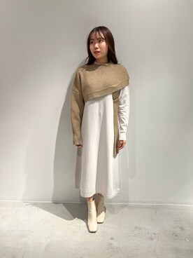 「LOVELESS（ラブレス）のワンショルレイヤードニットワンピース（ワンピース、ホワイト系）」を使った、LOVELESS WOMENさん（メンズ・170cm）の冬コーディネート