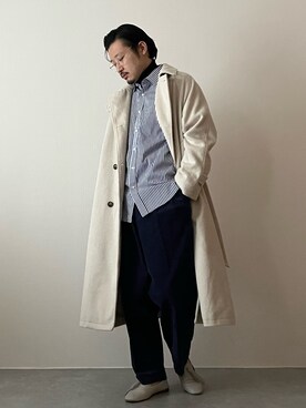 「アイテム（ステンカラーコート、ホワイト系）」を使った、youyukiyukiさん（メンズ・172cm）の冬コーディネート