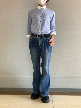 「TOKYO SHIRTS（トウキョウシャツ）の形態安定ノンアイロン ワイド 7分袖ビジネスワイシャツ（ビジネスシャツ、ブルー系）」を使った、BRICK HOUSE シャツ工房 長崎夢彩都店さん（レディース・145cm）の春コーディネート