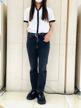 「TOKYO SHIRTS（トウキョウシャツ）の【吸水速乾】【COFREX】配色 スキッパー衿 ブラウス 半袖 レディースデザインシャツ（シャツ/ブラウス、グレー系）」を使った、BRICK HOUSE シャツ工房 長崎夢彩都店さん（レディース・145cm）の夏コーディネート