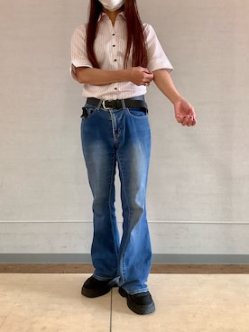 「TOKYO SHIRTS（トウキョウシャツ）の【吸水速乾】 形態安定ノーアイロン スキッパー 5分袖ビジネスワイシャツ（ビジネスシャツ、ピンク系）」を使った、BRICK HOUSE シャツ工房 長崎夢彩都店さん（レディース・162cm）の夏コーディネート