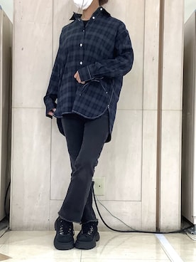 「TOKYO SHIRTS（トウキョウシャツ）のリボンカフス チェック シャツ 長袖 レディースデザインシャツ（シャツ/ブラウス、グレー系）」を使った、BRICK HOUSE シャツ工房 長崎夢彩都店さん（レディース・145cm）の秋コーディネート