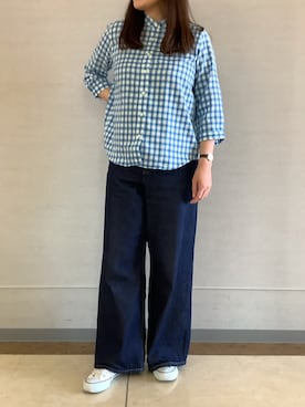 「TOKYO SHIRTS（トウキョウシャツ）の【Pitta Re:)】ふわっとガーゼシャツ 七分袖 綿100% レディースカジュアルシャツ（シャツ/ブラウス、ブルー系）」を使った、BRICK HOUSE シャツ工房 長崎夢彩都店さん（レディース・145cm）の夏コーディネート