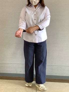 「TOKYO SHIRTS（トウキョウシャツ）の【透け防止】 形態安定ノンアイロン スキッパー 7分袖ビジネスワイシャツ（ビジネスシャツ、パープル系）」を使った、BRICK HOUSE シャツ工房 長崎夢彩都店さん（レディース・162cm）の夏コーディネート