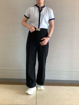 「TOKYO SHIRTS（トウキョウシャツ）の【COFREX】 配色 スキッパー衿 ブラウス 半袖 レディースデザインシャツ（シャツ/ブラウス、ブルー系）」を使った、BRICK HOUSE シャツ工房 長崎夢彩都店さん（レディース・145cm）の春コーディネート