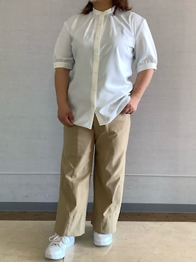 「TOKYO SHIRTS（トウキョウシャツ）の【吸水速乾】【COFREX】配色 ギャザー衿 ブラウス 五分袖 レディースデザインシャツ（シャツ/ブラウス、ブルー系）」を使った、BRICK HOUSE シャツ工房 長崎夢彩都店さん（レディース・162cm）の夏コーディネート