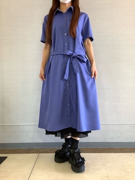 「TOKYO SHIRTS（トウキョウシャツ）の麻調合繊素材シャツワンピース 五分袖（シャツ/ブラウス、ブルー系）」を使った、BRICK HOUSE シャツ工房 長崎夢彩都店さん（レディース・162cm）の夏コーディネート