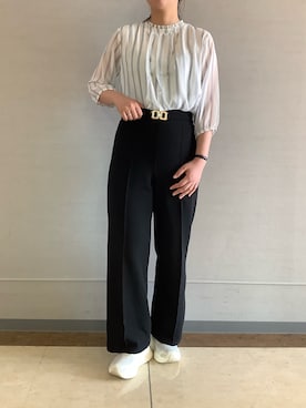 「TOKYO SHIRTS（トウキョウシャツ）のストライプ シフォンブラウス（シャツ/ブラウス、ブルー系）」を使った、BRICK HOUSE シャツ工房 長崎夢彩都店さん（レディース・145cm）の春コーディネート
