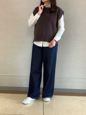 「TOKYO SHIRTS（トウキョウシャツ）の【吸水速乾】【COFREX】 形態安定ノンアイロン スキッパー 長袖ビジネスワイシャツ（ビジネスシャツ、ブルー系）」を使った、BRICK HOUSE シャツ工房 長崎夢彩都店さん（レディース・145cm）の秋コーディネート