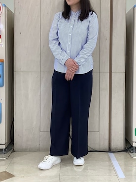 「TOKYO SHIRTS（トウキョウシャツ）の【吸水速乾】【COFREX】 衿ギャザー ブラウス 長袖 レディースデザインシャツ（シャツ/ブラウス、ブルー系）」を使った、BRICK HOUSE シャツ工房 長崎夢彩都店さん（レディース・145cm）の秋コーディネート