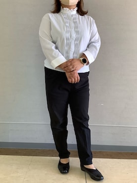 「TOKYO SHIRTS（トウキョウシャツ）の【吸水速乾】【COFREX】スタンドフリル クレリック ひねりピンタック ブラウス 七分袖 レディースデザインシャツ（シャツ/ブラウス、ブルー系）」を使った、BRICK HOUSE シャツ工房 長崎夢彩都店さん（レディース・162cm）の夏コーディネート