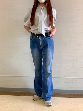 「TOKYO SHIRTS（トウキョウシャツ）の【吸水速乾】【COFREX】ループボウタイ ブラウス 五分袖 レディースデザインシャツ（シャツ/ブラウス、グレー系）」を使った、BRICK HOUSE シャツ工房 長崎夢彩都店さん（レディース・162cm）の夏コーディネート