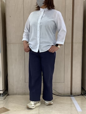 「TOKYO SHIRTS（トウキョウシャツ）の【Pitta Re:)】ふわっとガーゼシャツ レギュラーシルエット 七分袖 綿100% レディース カジュアルシャツ（シャツ/ブラウス、ブルー系）」を使った、BRICK HOUSE シャツ工房 長崎夢彩都店さん（レディース・145cm）の春コーディネート
