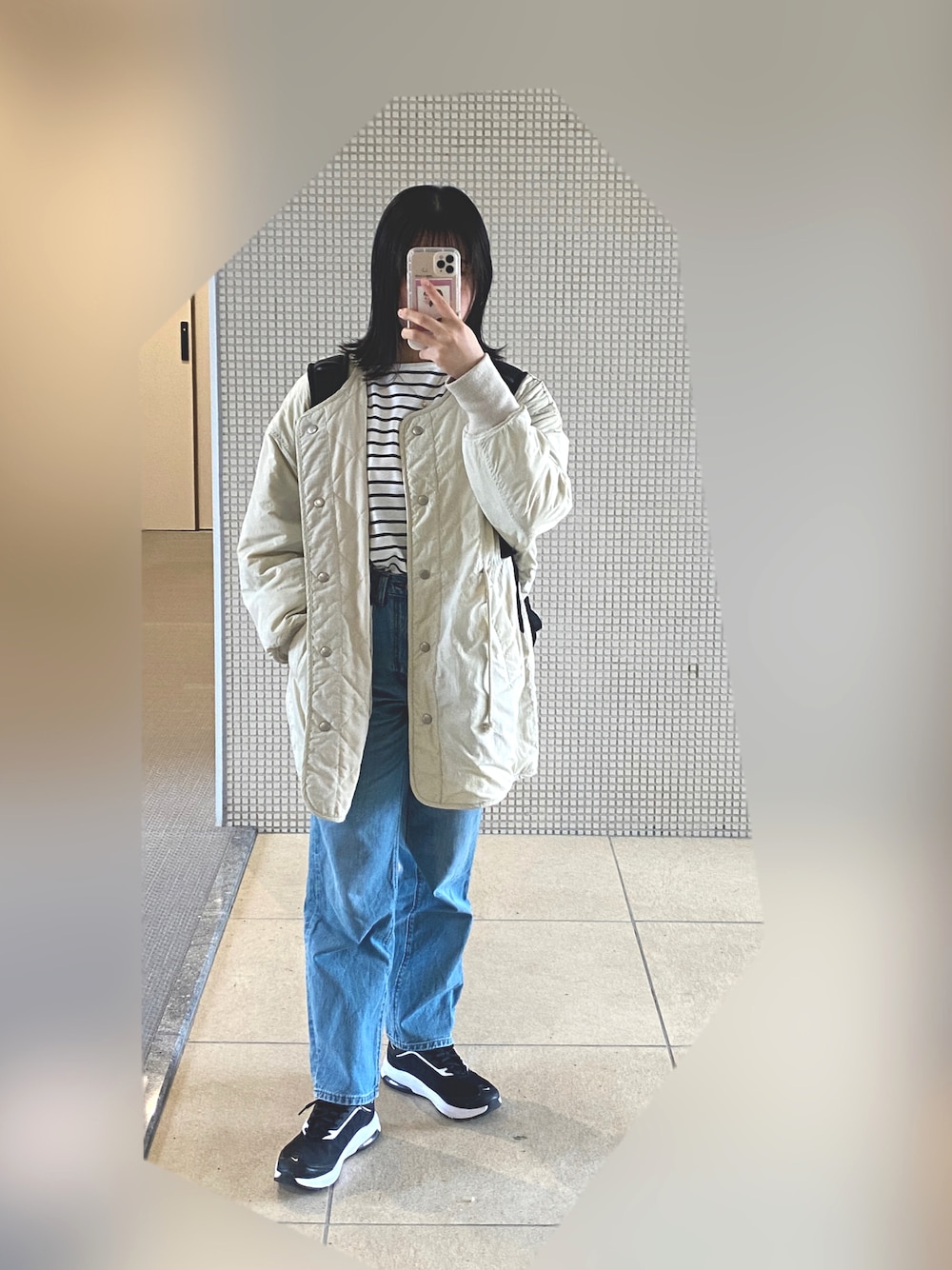 「ボーダートップス、カジュアルコーデ、おしゃれさんと繋がりたい、骨格ウェーブ、デニム、デニムコーデ」｜「GUのアイテム（デニムパンツ、ブルー系）」を使った、ojogrmさん（レディース・156cm）の春コーディネートの1枚目の写真