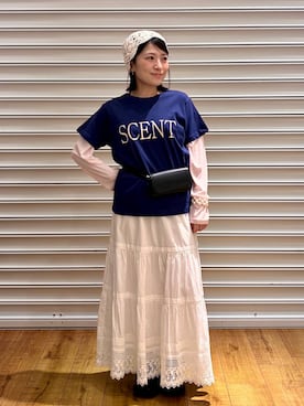 「LOWRYS FARM（ローリーズファーム）のＵＳＥＦＵＬシアープルオーバー　580950（Tシャツ/カットソー、ピンク系）」を使った、f u m iさん（レディース・153cm）の春コーディネート