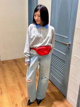 「LOWRYS FARM（ローリーズファーム）のワイドストレートデニムパンツ　607883（デニムパンツ、ブルー系）」を使った、f u m iさん（レディース・153cm）の春コーディネート