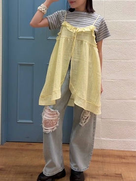 「LOWRYS FARM（ローリーズファーム）のレースデニム　601055（デニムパンツ、ブルー系）」を使った、f u m iさん（レディース・153cm）の春コーディネート