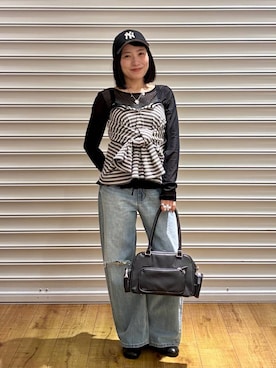 「LOWRYS FARM（ローリーズファーム）のワイドストレートデニムパンツ　607883（デニムパンツ、ブルー系）」を使った、f u m iさん（レディース・153cm）の春コーディネート