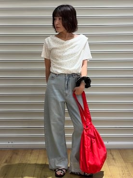 「LOWRYS FARM（ローリーズファーム）のドレーププルオーバーSS 1053677（Tシャツ/カットソー、ベージュ系）」を使った、f u m iさん（レディース・153cm）の夏コーディネート