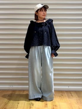 「LOWRYS FARM（ローリーズファーム）のイージーバギーデニム　601067（デニムパンツ、ブルー系）」を使った、f u m iさん（レディース・153cm）の冬コーディネート