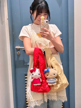 「LOWRYS FARM（ローリーズファーム）の【サンリオキャラクターズ】ポーチ付きエコBAG 647248/GOODS（エコバッグ/サブバッグ、その他）」を使った、f u m iさん（レディース・153cm）の春コーディネート