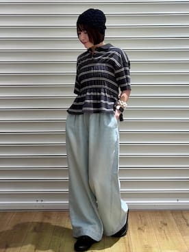 「LOWRYS FARM（ローリーズファーム）のクロシェビーニー 636372（ニットキャップ/ビーニー、ブラック系）」を使った、f u m iさん（レディース・153cm）の夏コーディネート