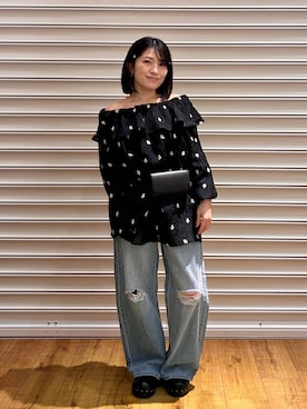 「LOWRYS FARM（ローリーズファーム）のワイドストレートデニムパンツ　607883（デニムパンツ、ブルー系）」を使った、f u m iさん（レディース・153cm）の春コーディネート