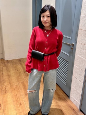 「LOWRYS FARM（ローリーズファーム）のワイドストレートデニムパンツ　607883（デニムパンツ、ブルー系）」を使った、f u m iさん（レディース・153cm）の春コーディネート