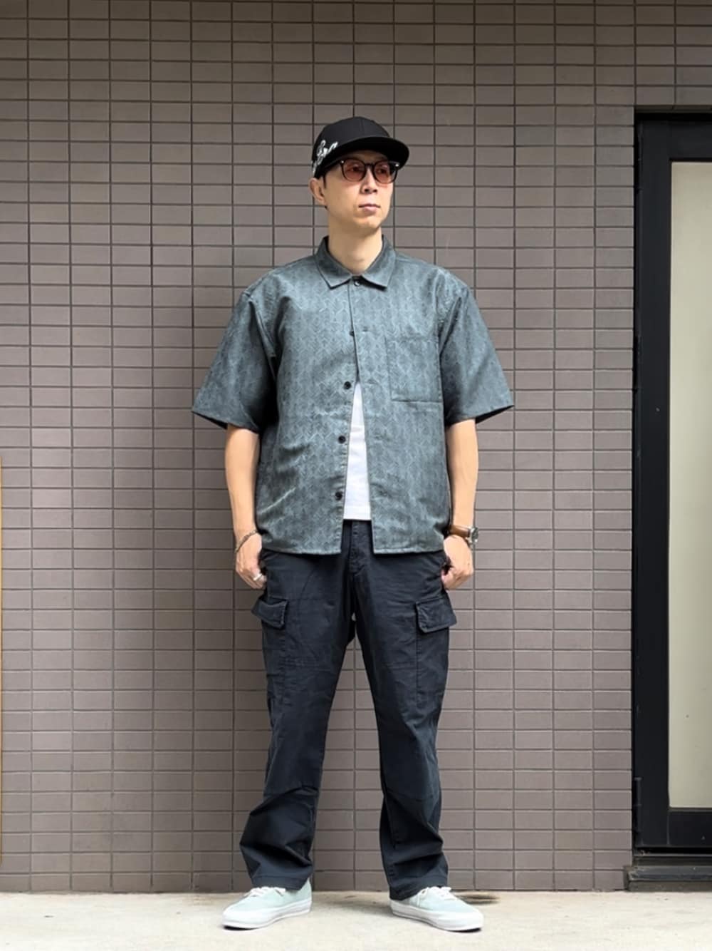 リネンライク ジャカード ワイドカラー 半袖 シャツを使ったメンズ人気